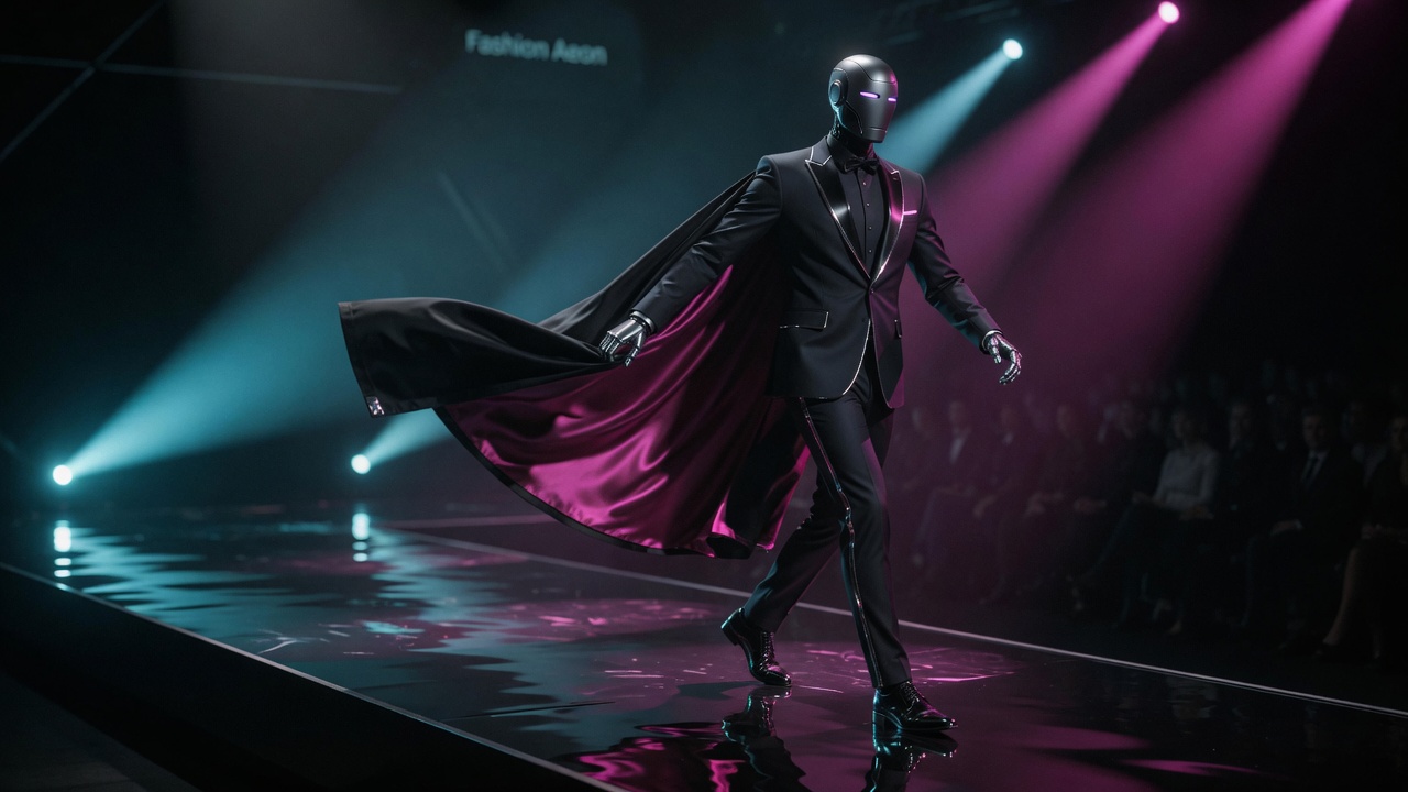 Optimus-class humanoid in Black Box tuxedo with cape