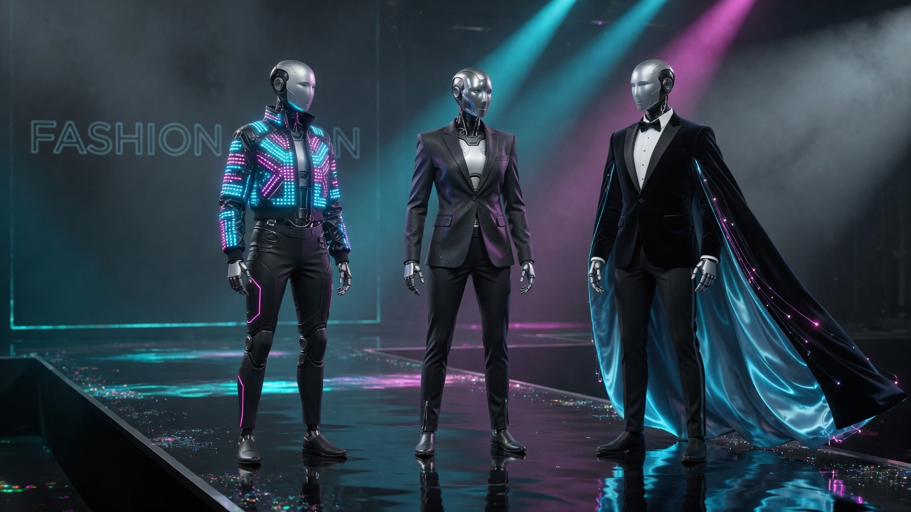 Three Optimus-class humanoids in AXIOM looks at Fashion Aeon finale