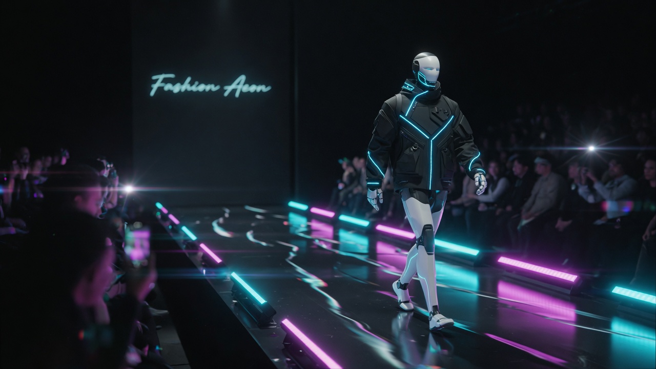 Optimus-class humanoid in Neon Frame Signal Jacket on Fashion Aeon runway