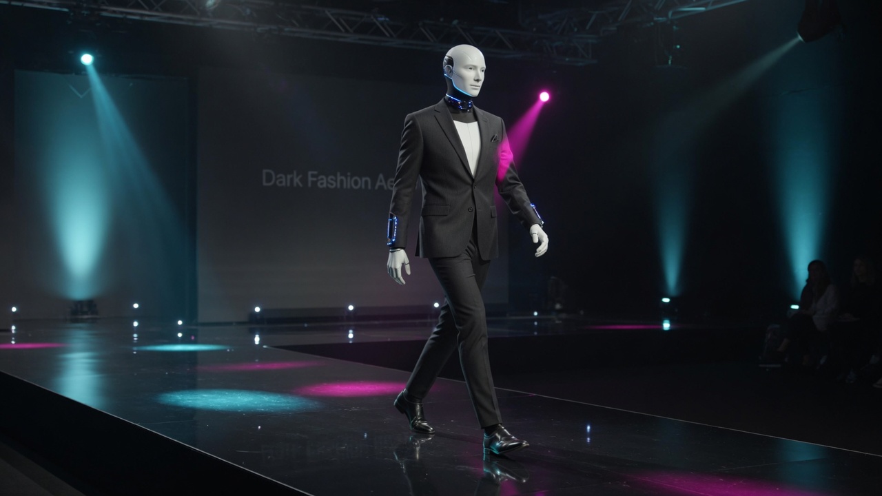 Optimus-class humanoid in Protocol blazer on the catwalk